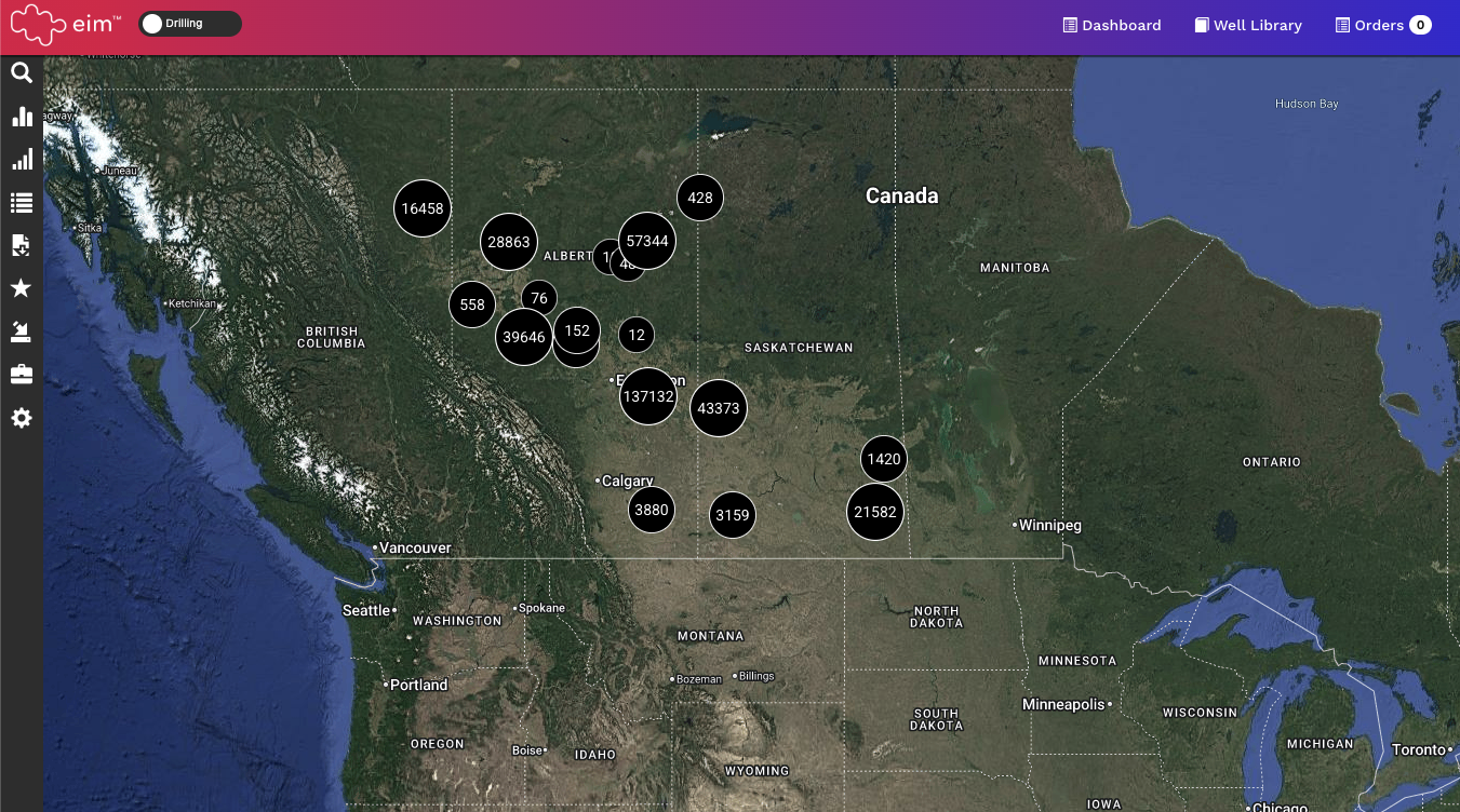 EIM interactive drilling map showing well clusters across Western Canada