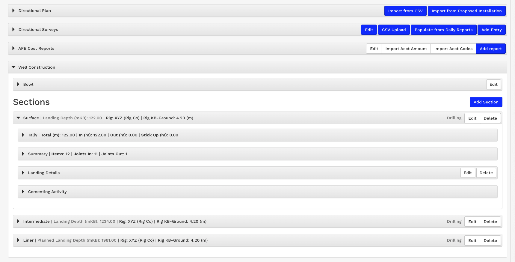 EIM well construction reporting interface showing casing sections, tally, landing details, and cementing activity